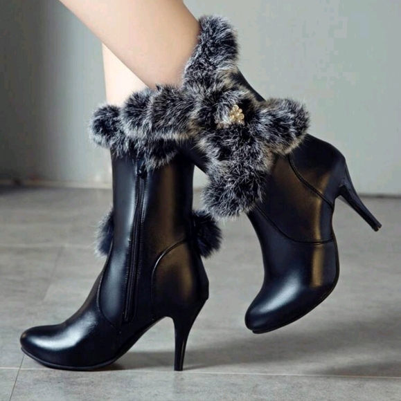 Pointed Toe High Heel Ankle Boots, Sexy New Rabbit Fur Short Boots For Winter - Picture 1 of 5